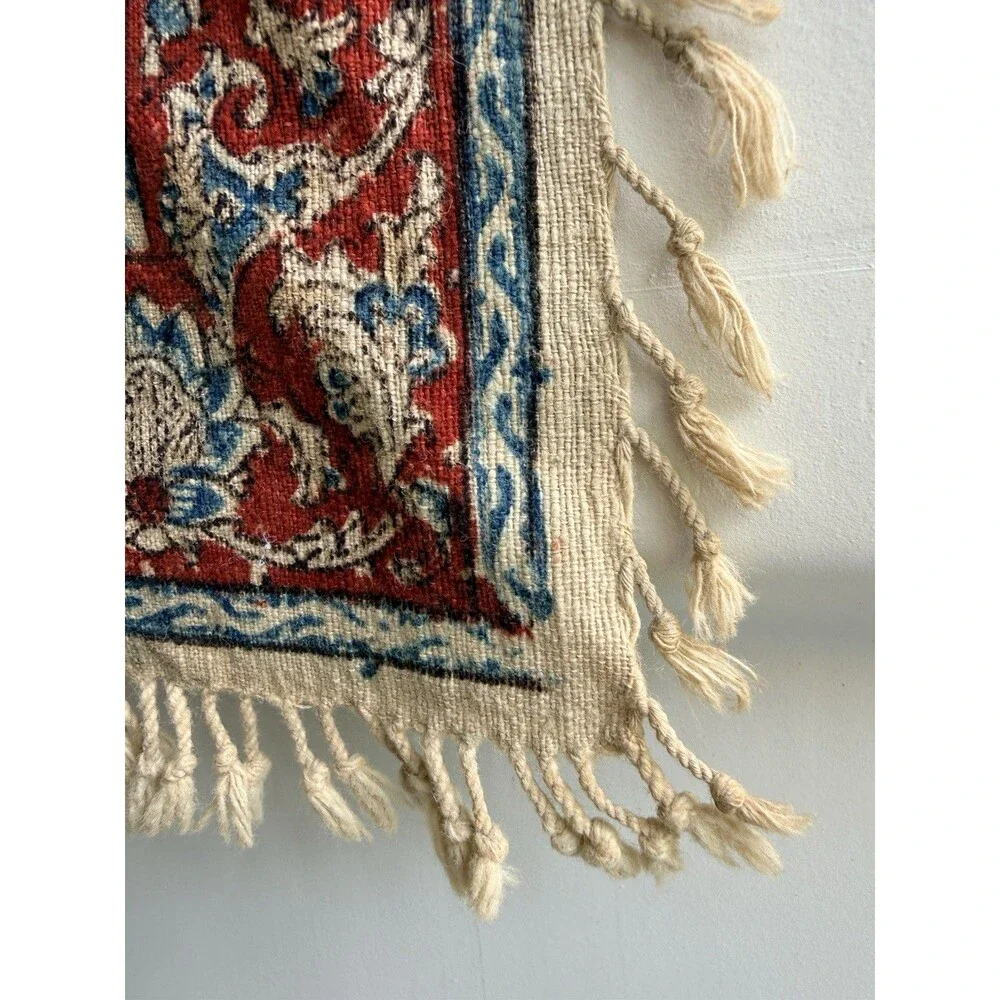 Antique Persian Fringed Cloth Tapestry Qajar Hunting & Polo Scene 24 X 24
